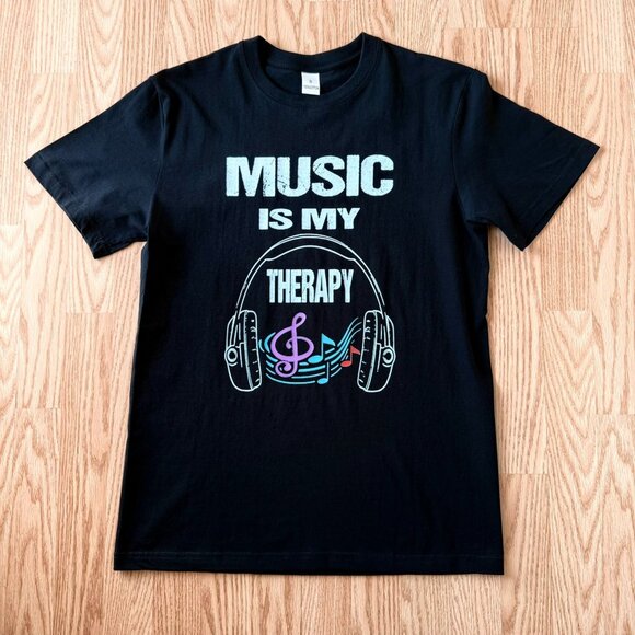Music Is My Therapy T Shirt Size S Black Graphic Tee Headphones Treble Clef Note - Picture 8 of 12